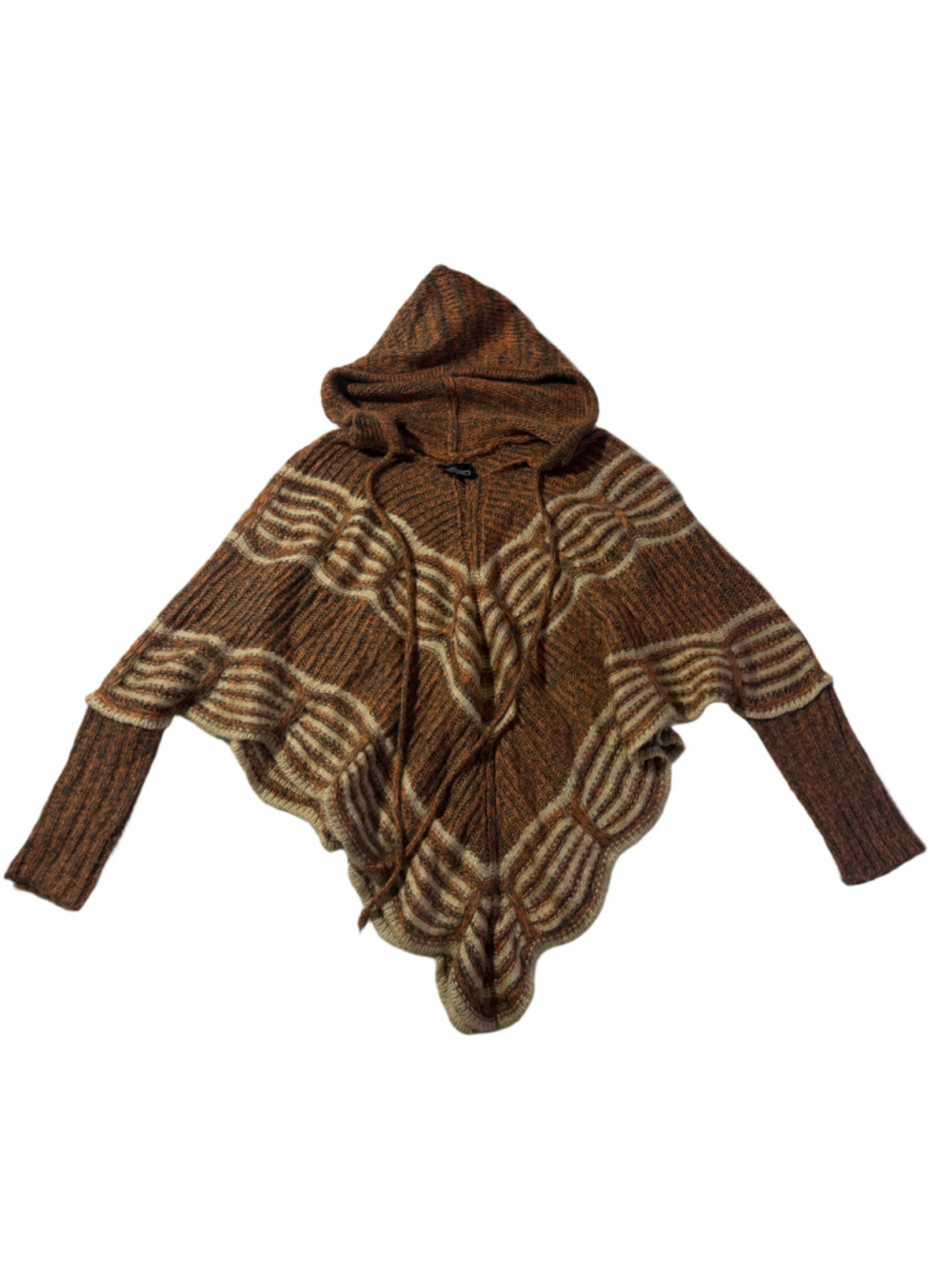 Angie Hooded Knit Sweater Small Rust Brown Cream Boho Scalloped Hem